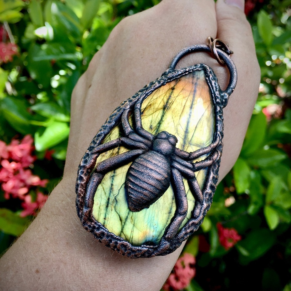 Copper spider labradorite Halloween necklace